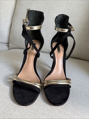 SCHUTZ Black and Gold Open-Toe Strappy Heels
